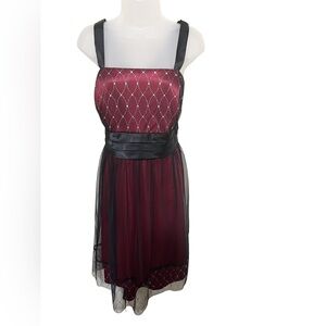R& M Richards Y2K 16W Babydoll Dress Midi Burgundy Black Rhinestone Tulle A Line